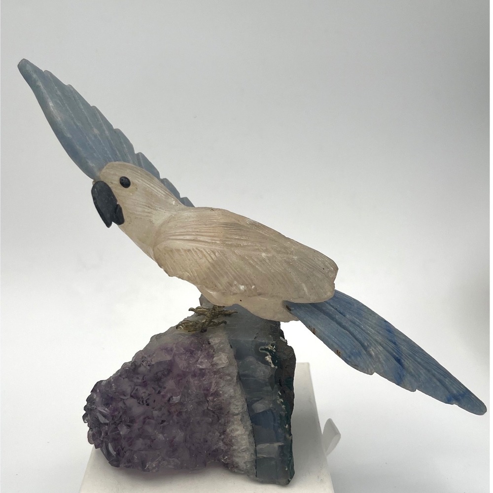 Hand Carved Gemstone Cockatoo Bird‎ on Amethyst Geode Base Crystal Sculpture